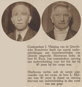 874685 Dubbelportret van de brandweerlieden H. Ruys (links) en L. Morren te Utrecht, die beiden onderscheiden zijn voor ...